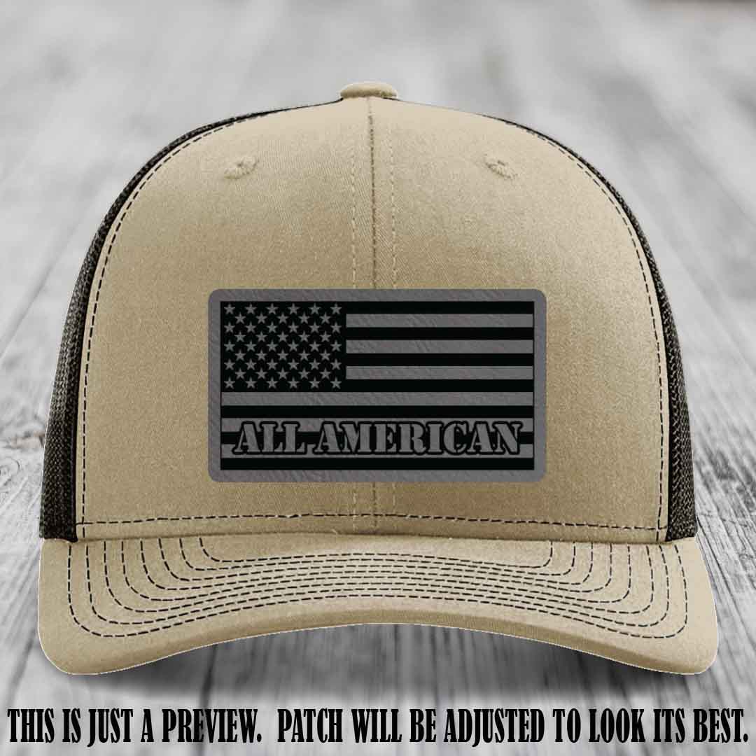 Richardson 112 ALL AMERICAN Leather Patch Hat - Grey to Black patch on Khaki to Coffee Hat