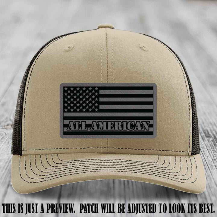 Richardson 112 ALL AMERICAN Leather Patch Hat - Grey to Black patch on Khaki to Coffee Hat