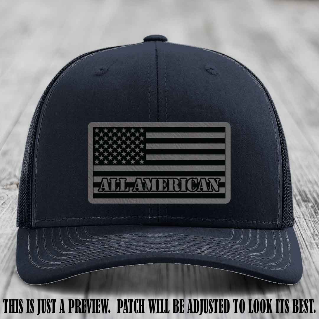 Richardson 112 ALL AMERICAN Leather Patch Hat - Grey to Black patch on Navy Hat