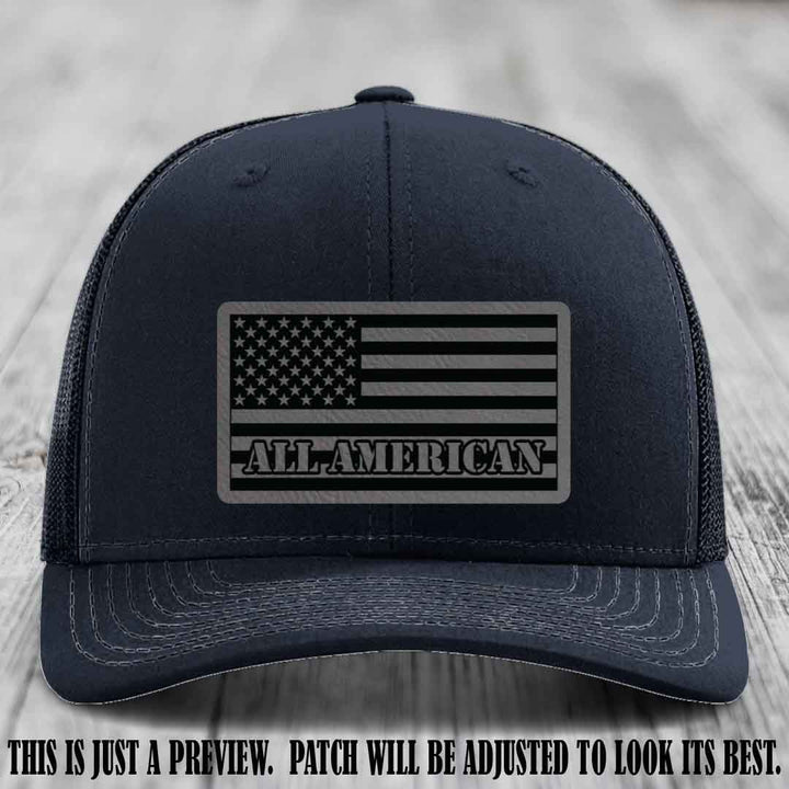 Richardson 112 ALL AMERICAN Leather Patch Hat - Grey to Black patch on Navy Hat