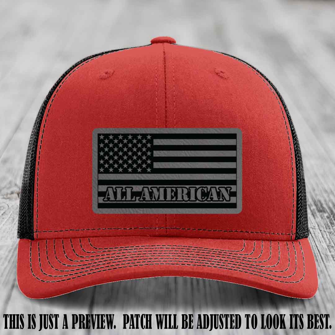 Richardson 112 ALL AMERICAN Leather Patch Hat - Grey to Black patch on Red to Black Hat