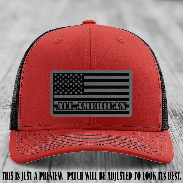 Richardson 112 ALL AMERICAN Leather Patch Hat - Grey to Black patch on Red to Black Hat