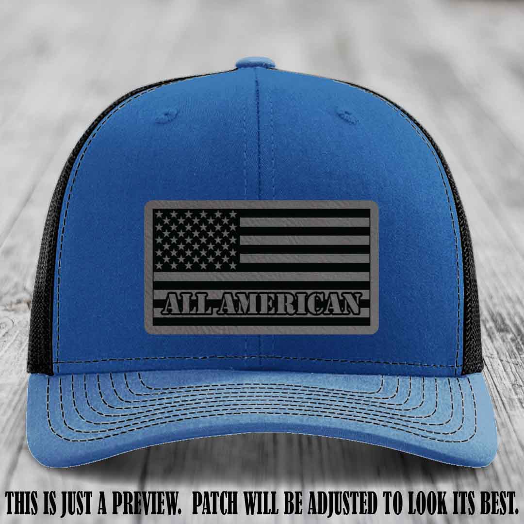 Richardson 112 ALL AMERICAN Leather Patch Hat - Grey to Black patch on Royal to Black Hat