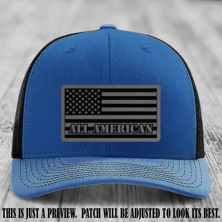 Richardson 112 ALL AMERICAN Leather Patch Hat - Grey to Black patch on Royal to Black Hat
