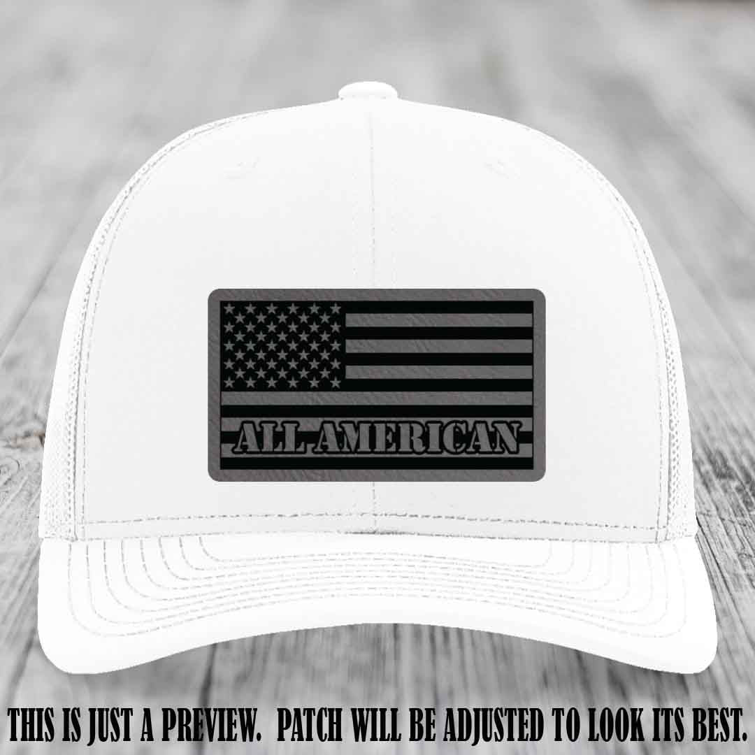 Richardson 112 ALL AMERICAN Leather Patch Hat - Grey to Black patch on White Hat