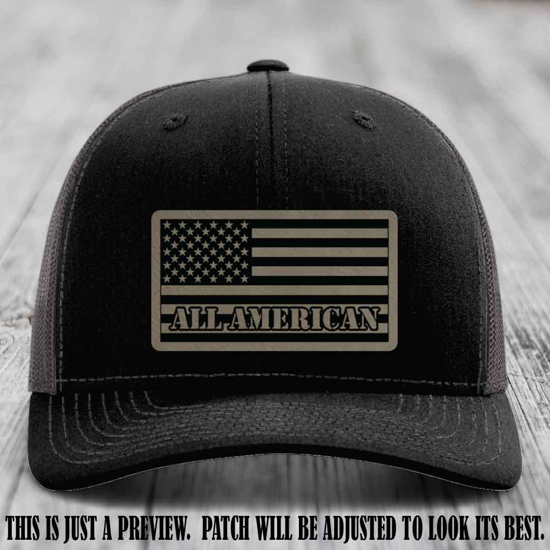 Richardson 112 ALL AMERICAN Leather Patch Hat - Light Brown to Black patch on Black to Charcoal Hat