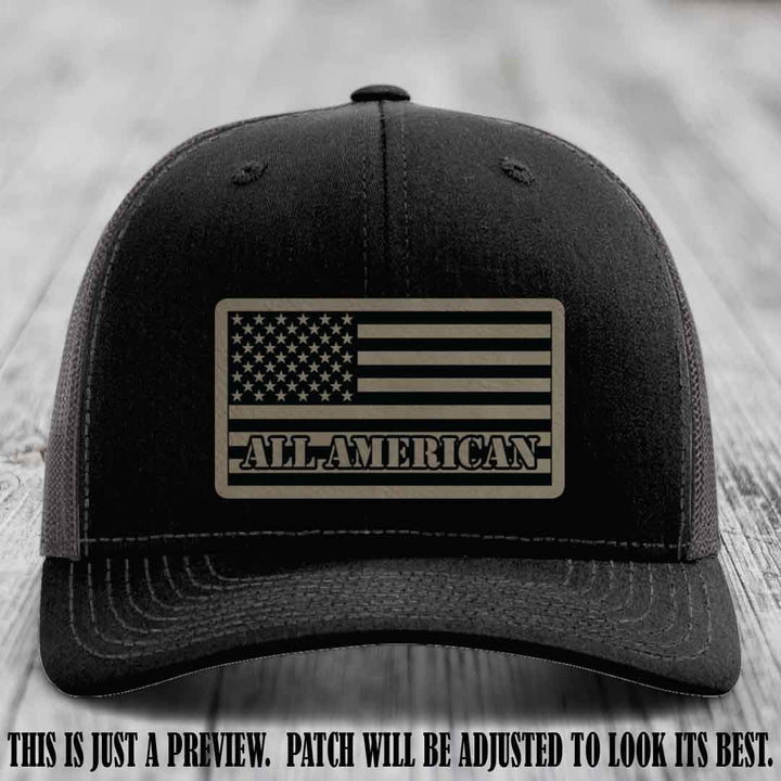 Richardson 112 ALL AMERICAN Leather Patch Hat - Light Brown to Black patch on Black to Charcoal Hat