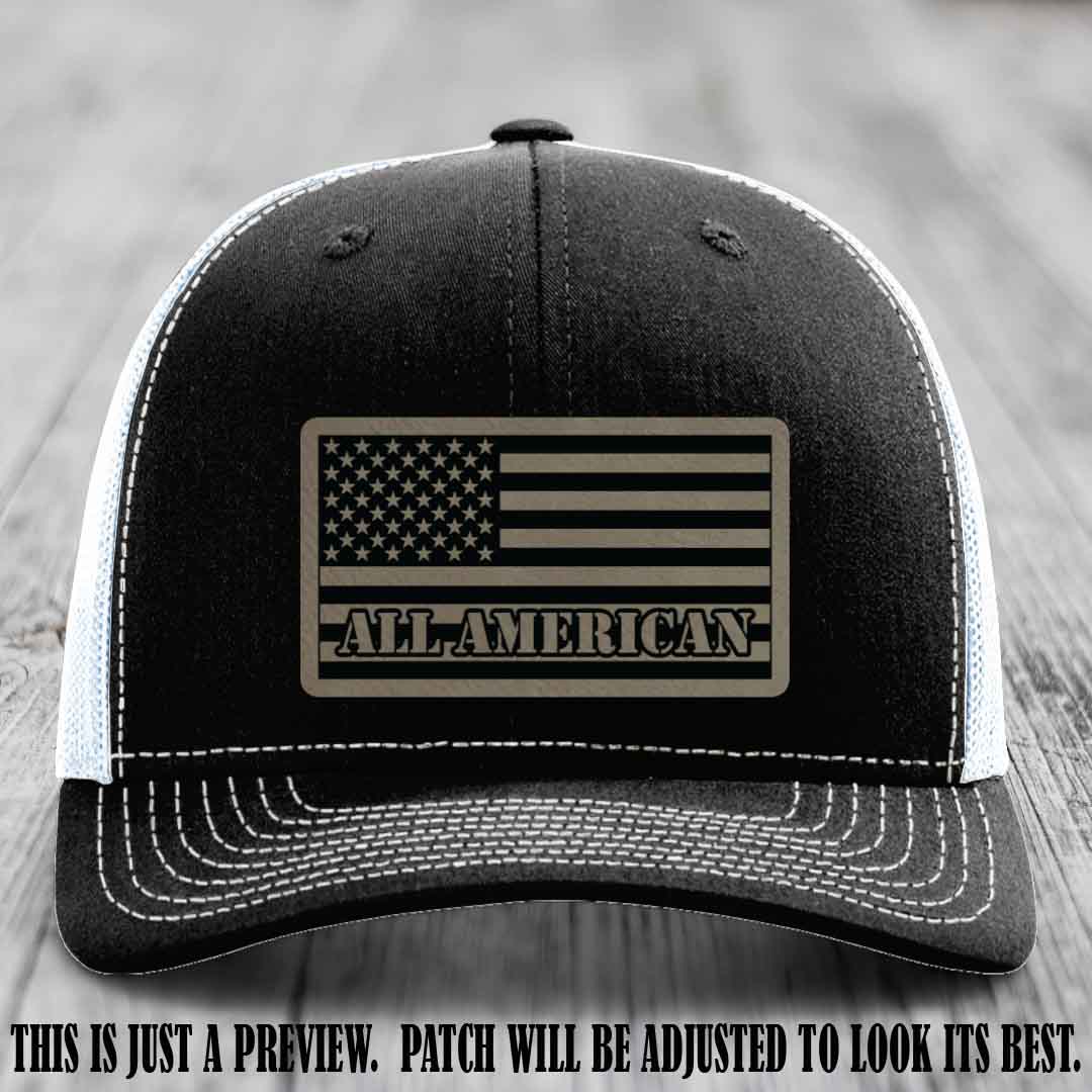 Richardson 112 ALL AMERICAN Leather Patch Hat - Light Brown to Black patch on Black to White Hat