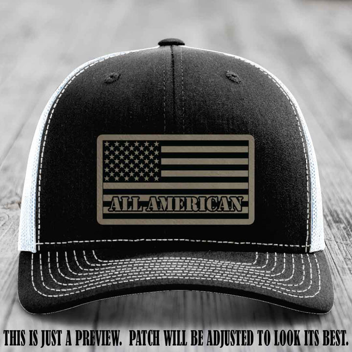 Richardson 112 ALL AMERICAN Leather Patch Hat - Light Brown to Black patch on Black to White Hat