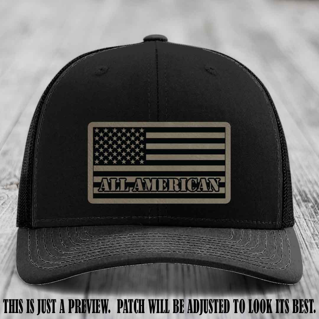 Richardson 112 ALL AMERICAN Leather Patch Hat - Light Brown to Black patch on Black Hat