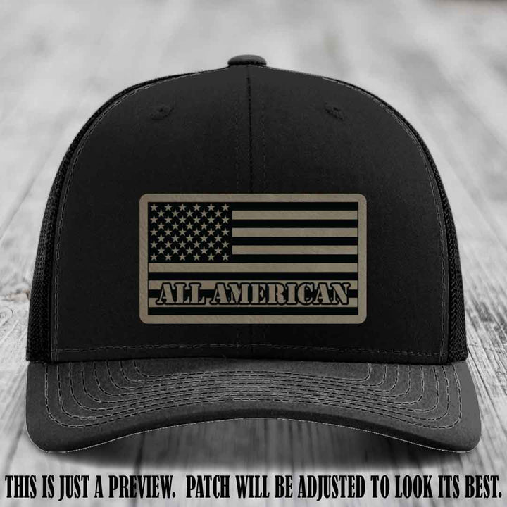 Richardson 112 ALL AMERICAN Leather Patch Hat - Light Brown to Black patch on Black Hat