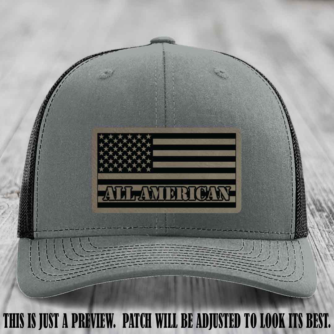 Richardson 112 ALL AMERICAN Leather Patch Hat - Light Brown to Black patch on Heather Grey to Black Hat
