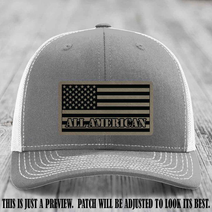 Richardson 112 ALL AMERICAN Leather Patch Hat - Light Brown to Black patch on Heather Grey to White Hat