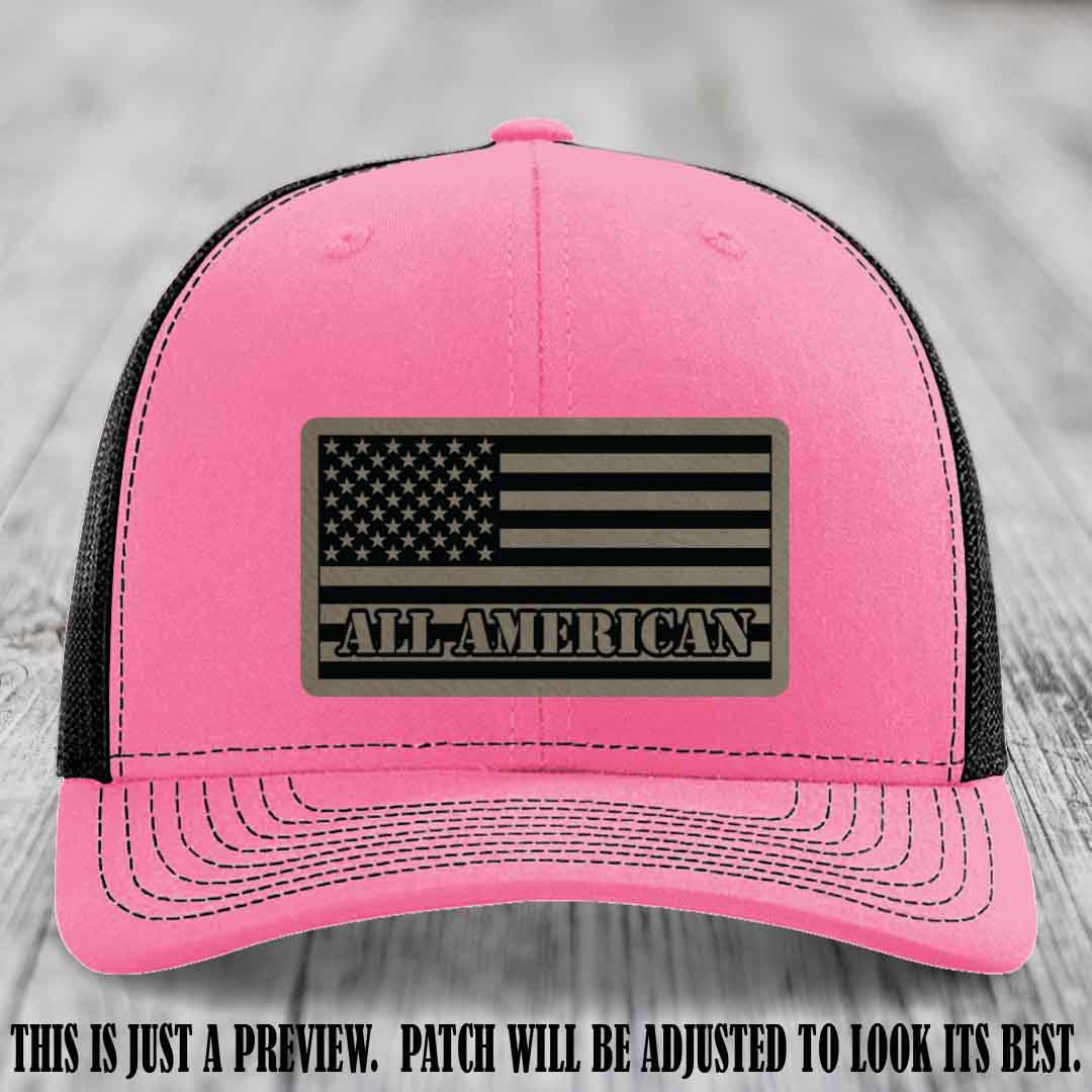 Richardson 112 ALL AMERICAN Leather Patch Hat - Light Brown to Black patch on Hot Pink to Black Hat