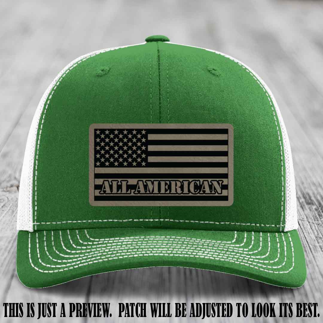 Richardson 112 ALL AMERICAN Leather Patch Hat - Light Brown to Black patch on Kelly to White Hat