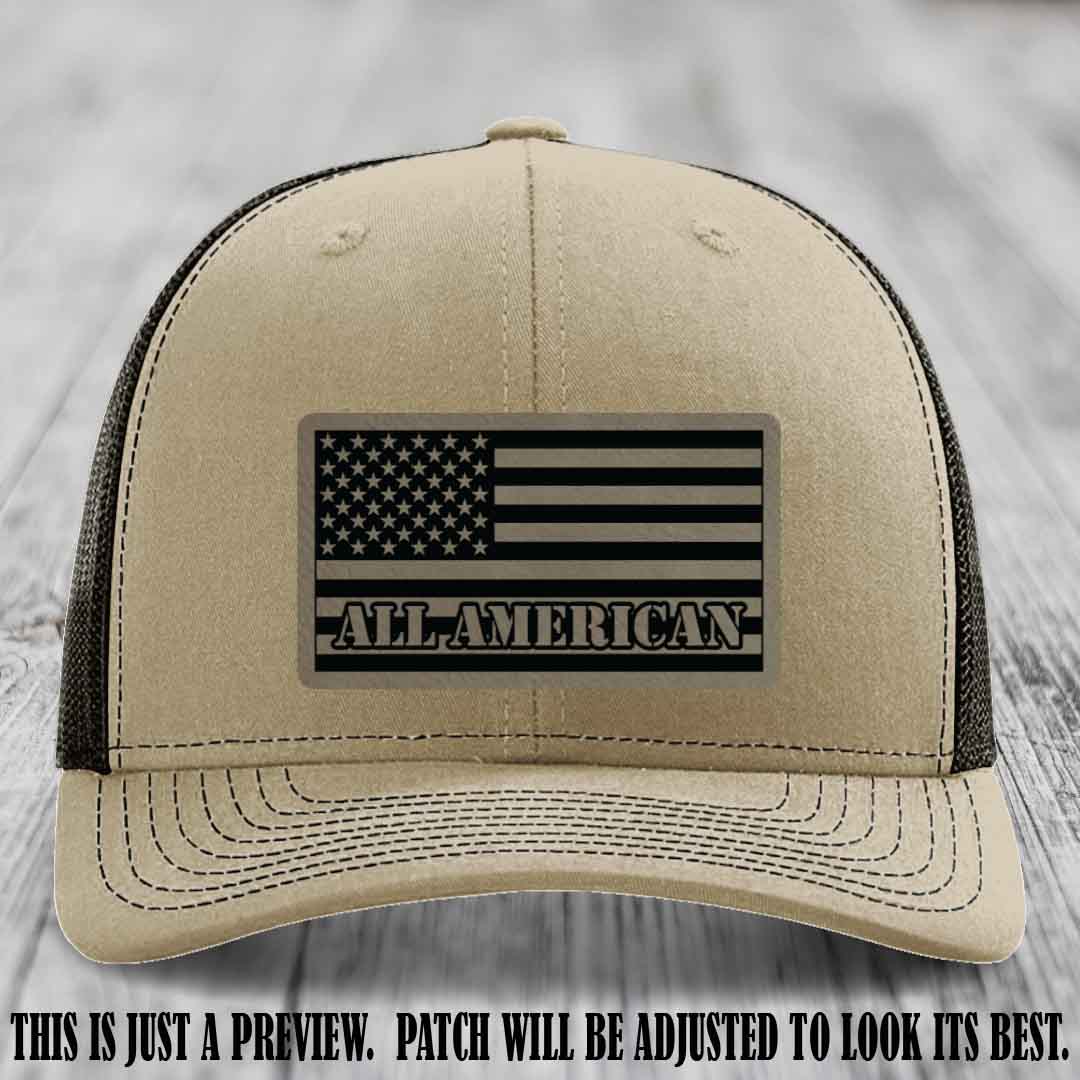Richardson 112 ALL AMERICAN Leather Patch Hat - Light Brown to Black patch on Khaki to Coffee Hat