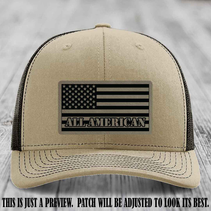 Richardson 112 ALL AMERICAN Leather Patch Hat - Light Brown to Black patch on Khaki to Coffee Hat