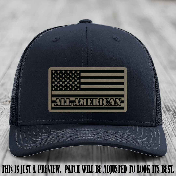Richardson 112 ALL AMERICAN Leather Patch Hat - Light Brown to Black patch on Navy Hat