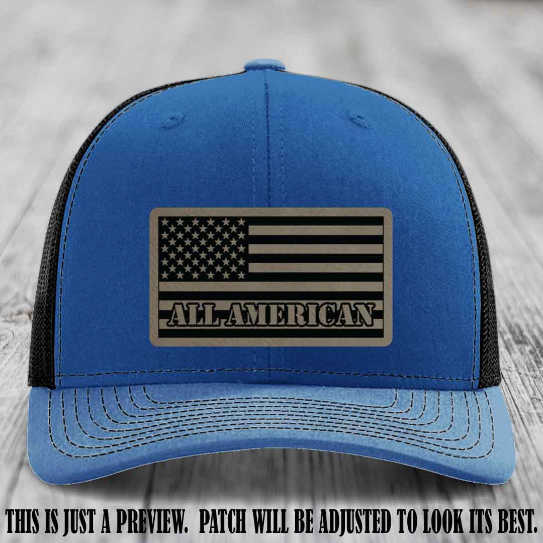 Richardson 112 ALL AMERICAN Leather Patch Hat - Light Brown to Black patch on Royal to Black Hat