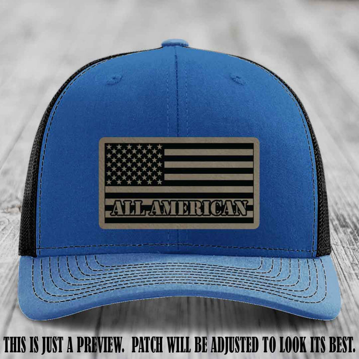 Richardson 112 ALL AMERICAN Leather Patch Hat - Light Brown to Black patch on Royal to Black Hat