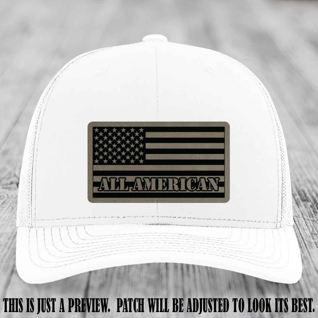 Richardson 112 ALL AMERICAN Leather Patch Hat - Light Brown to Black patch on White Hat