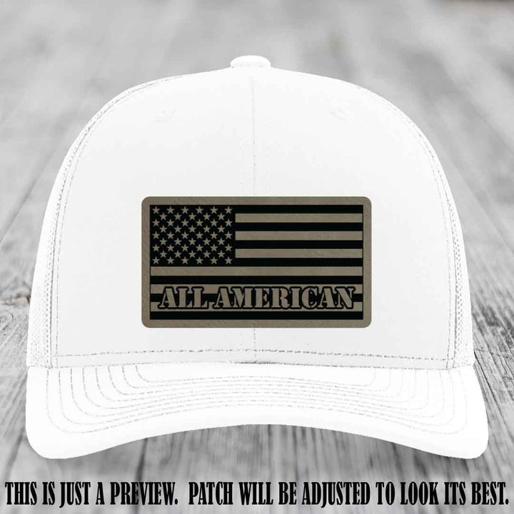 Richardson 112 ALL AMERICAN Leather Patch Hat - Light Brown to Black patch on White Hat