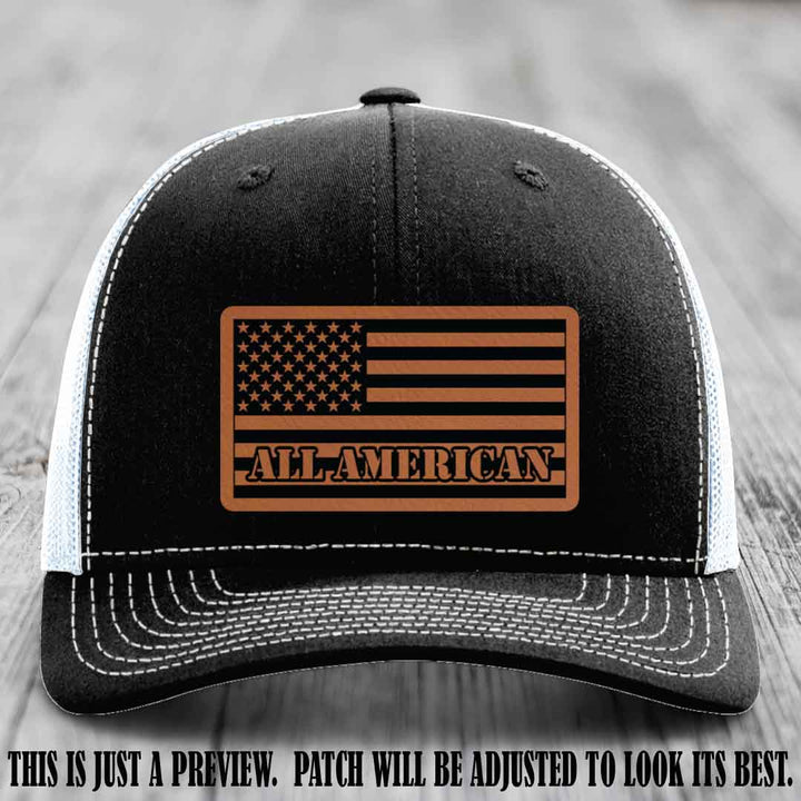 Richardson 112 ALL AMERICAN Leather Patch Hat - Rawhide to Black patch on Black to White Hat