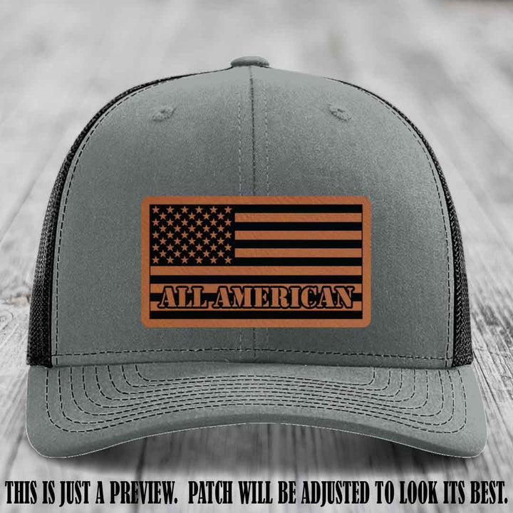 Richardson 112 ALL AMERICAN Leather Patch Hat - Rawhide to Black patch on Heather Grey to Black Hat