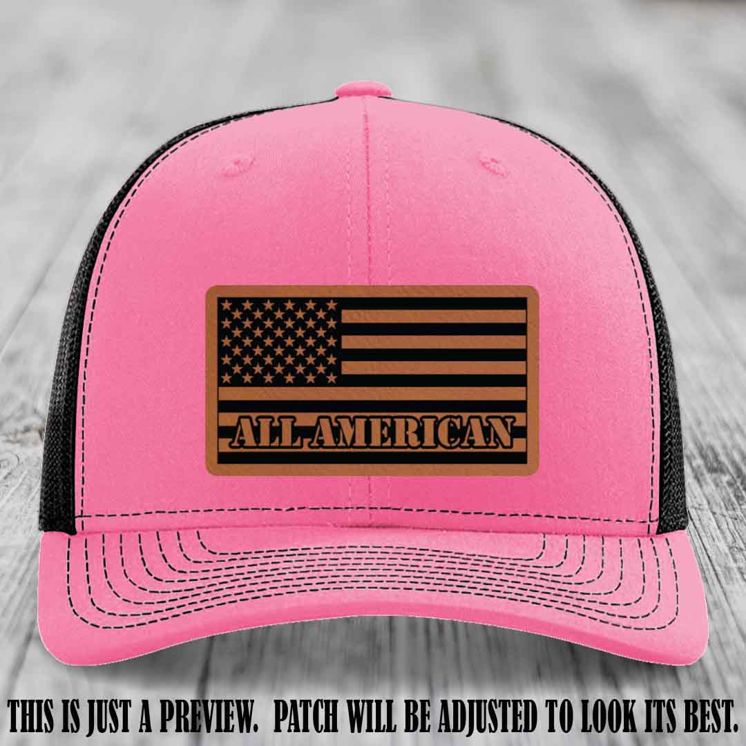 Richardson 112 ALL AMERICAN Leather Patch Hat - Rawhide to Black patch on Hot Pink to Black Hat