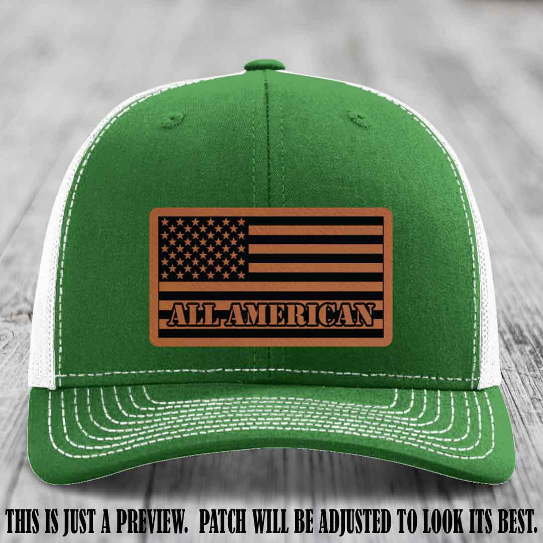 Richardson 112 ALL AMERICAN Leather Patch Hat - Rawhide to Black patch on Kelly to White Hat