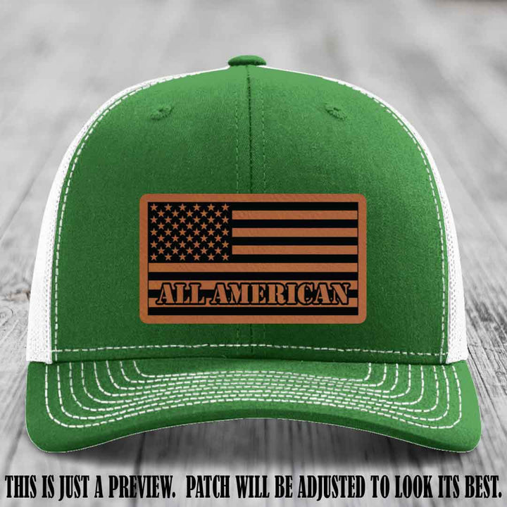 Richardson 112 ALL AMERICAN Leather Patch Hat - Rawhide to Black patch on Kelly to White Hat