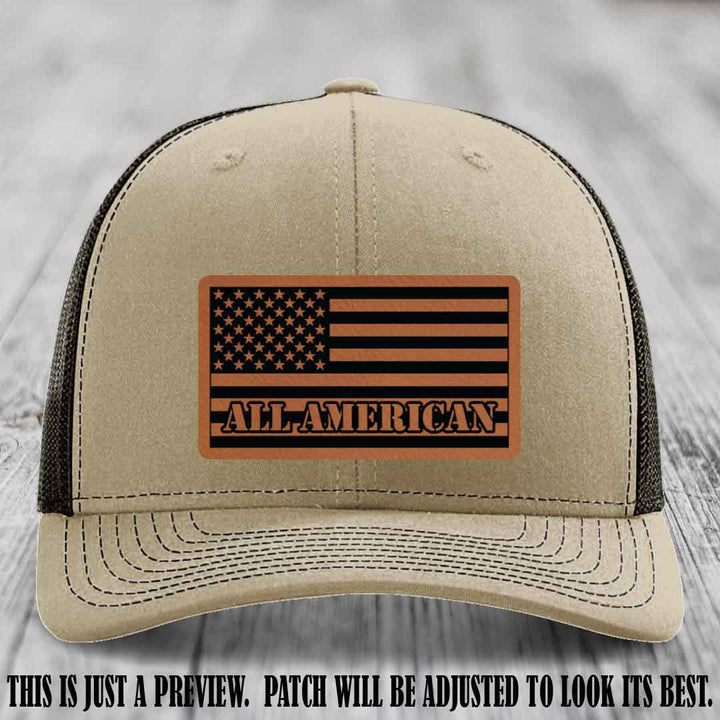 Richardson 112 ALL AMERICAN Leather Patch Hat - Rawhide to Black patch on Khaki to Coffee Hat