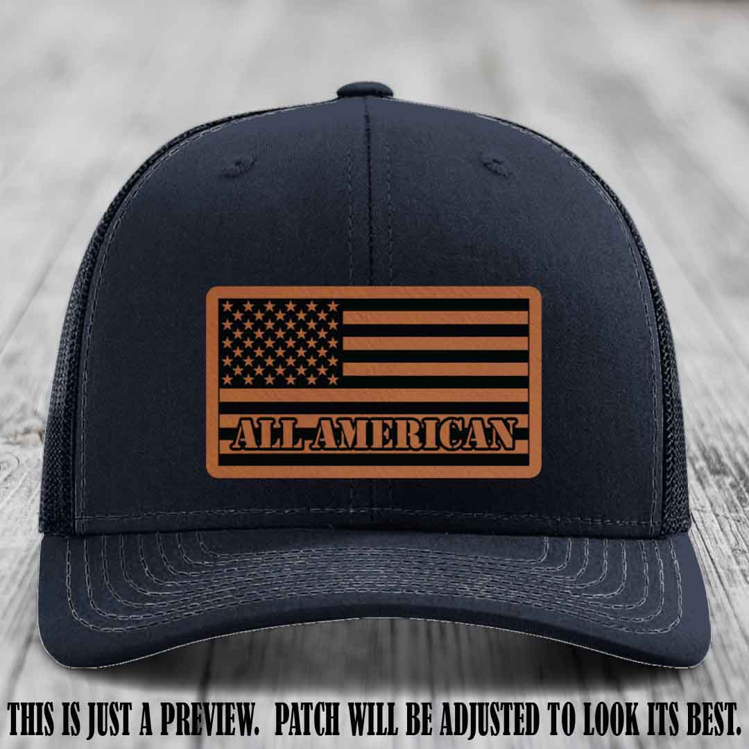 Richardson 112 ALL AMERICAN Leather Patch Hat - Rawhide to Black patch on Navy Hat