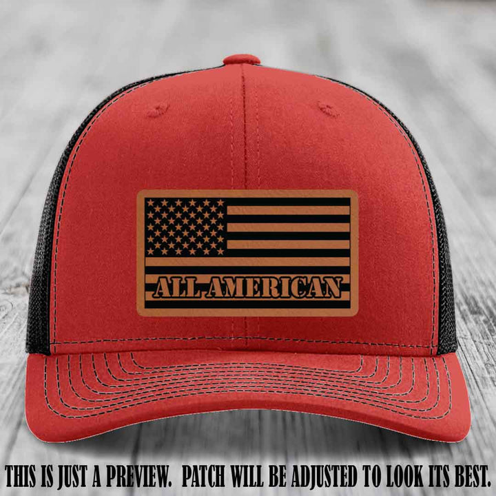 Richardson 112 ALL AMERICAN Leather Patch Hat - Rawhide to Black patch on Red to Black Hat