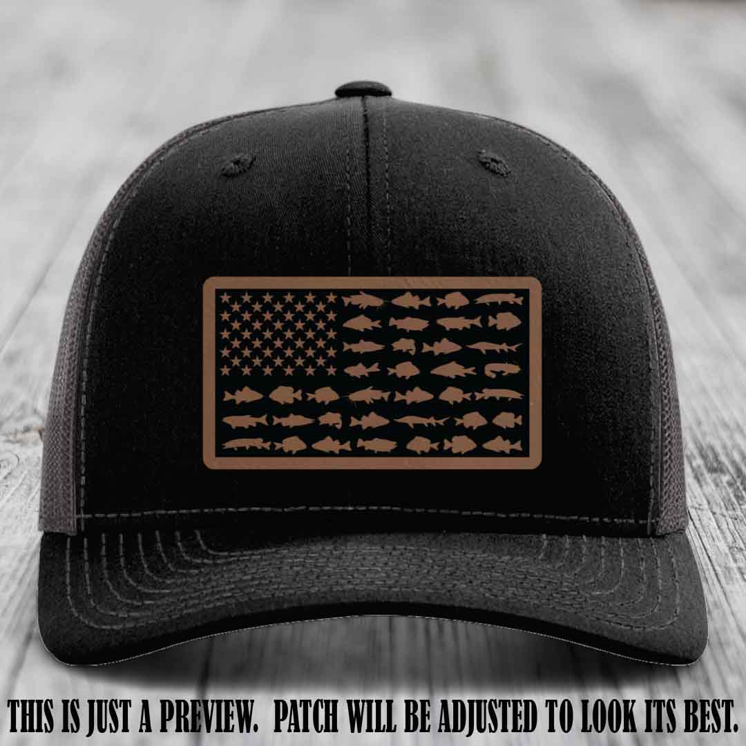 Stars & Stripes Angler 🇺🇸🐟 Dark Brown to Black Patch Leather Patch Richardson 112 Hat on Black to Charcoal Hat