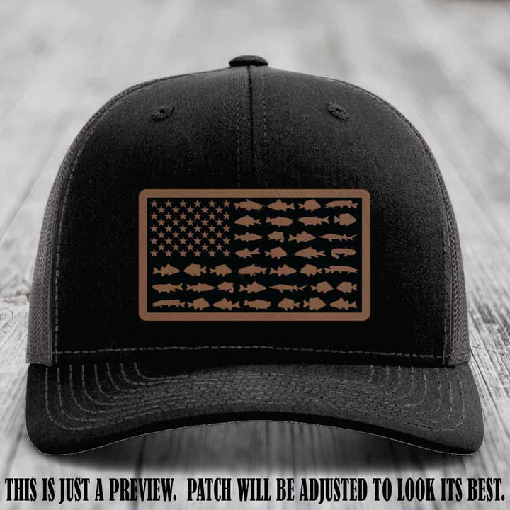 Stars & Stripes Angler 🇺🇸🐟 Dark Brown to Black Patch Leather Patch Richardson 112 Hat on Black to Charcoal Hat