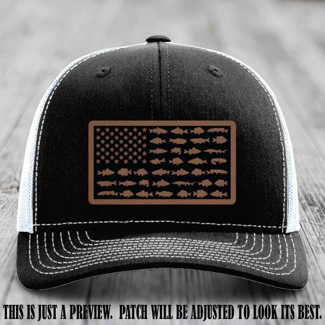 Stars & Stripes Angler 🇺🇸🐟 Dark Brown to Black Patch Leather Patch Richardson 112 Hat on Black to White Hat