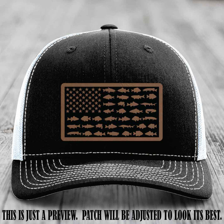 Stars & Stripes Angler 🇺🇸🐟 Dark Brown to Black Patch Leather Patch Richardson 112 Hat on Black to White Hat