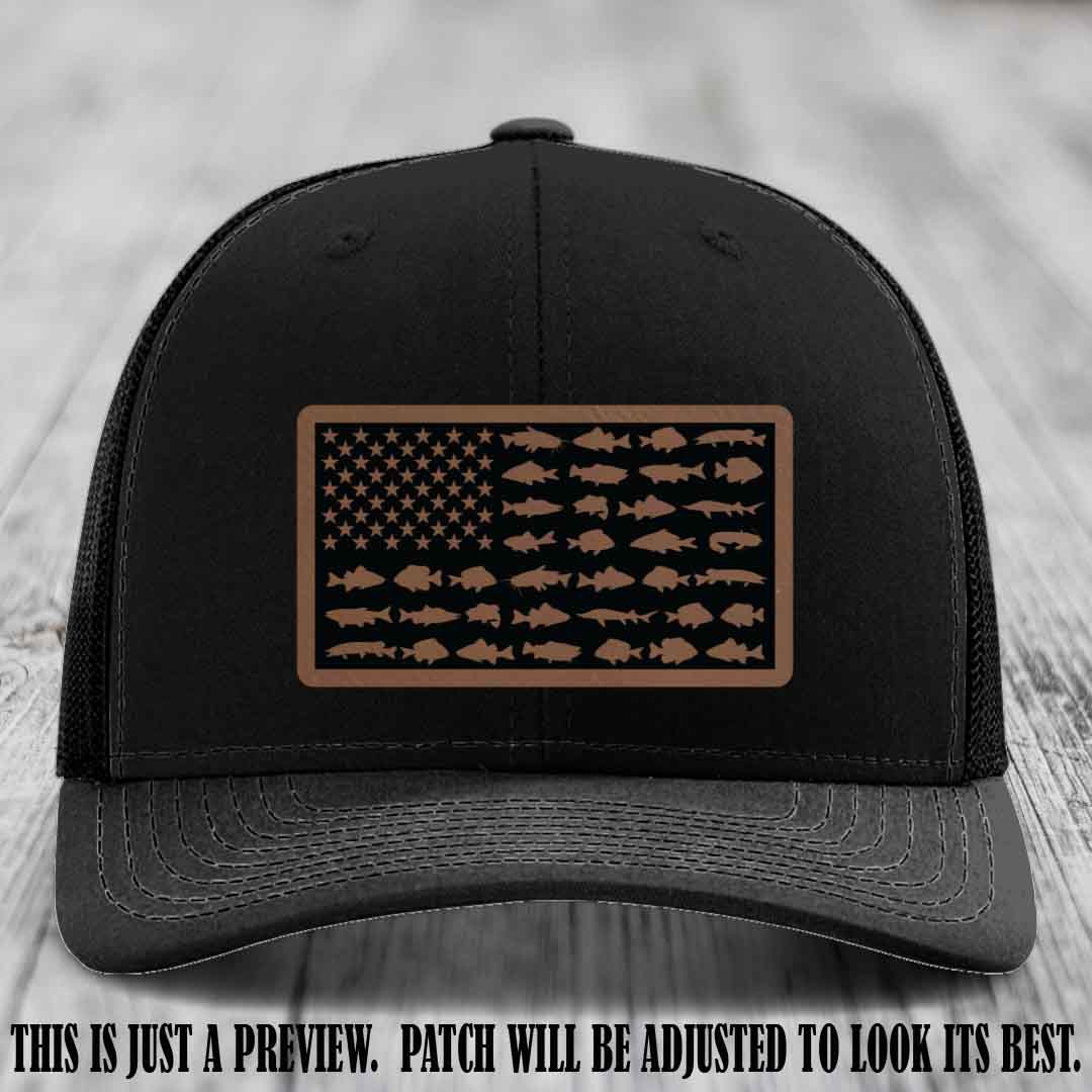 Stars & Stripes Angler 🇺🇸🐟 Dark Brown to Black Patch Leather Patch Richardson 112 Hat on Black Hat