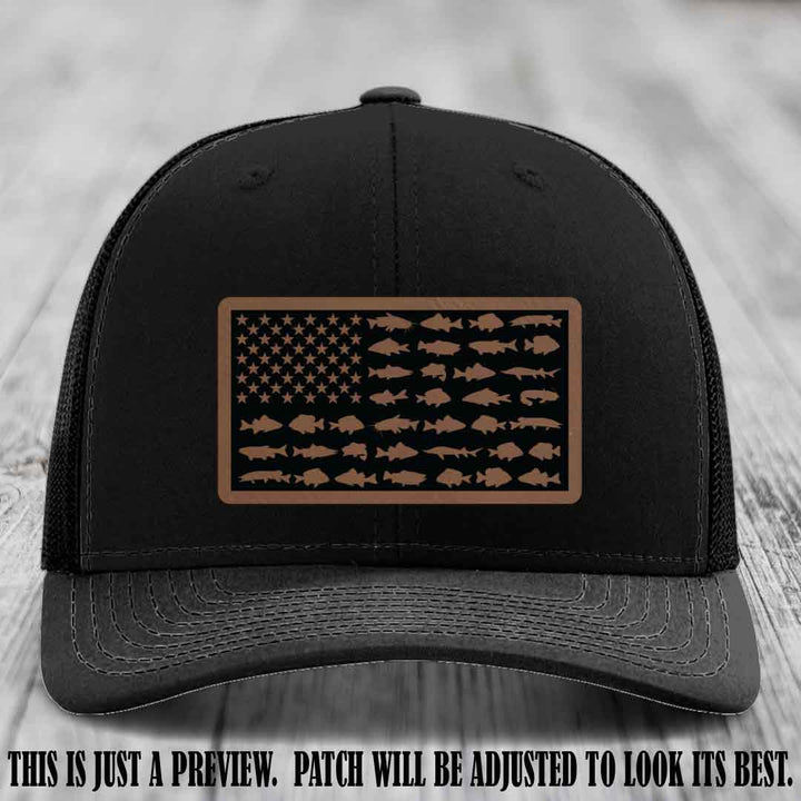 Stars & Stripes Angler 🇺🇸🐟 Dark Brown to Black Patch Leather Patch Richardson 112 Hat on Black Hat