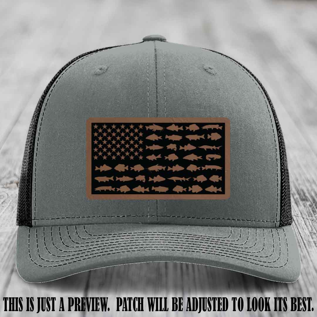 Stars & Stripes Angler 🇺🇸🐟 Dark Brown to Black Patch Leather Patch Richardson 112 Hat on Heather Grey to Black Hat
