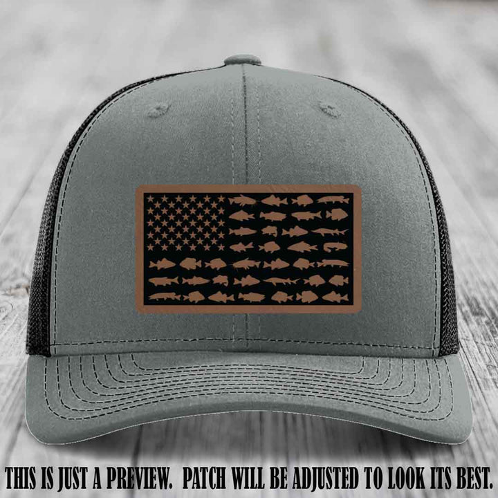 Stars & Stripes Angler 🇺🇸🐟 Dark Brown to Black Patch Leather Patch Richardson 112 Hat on Heather Grey to Black Hat