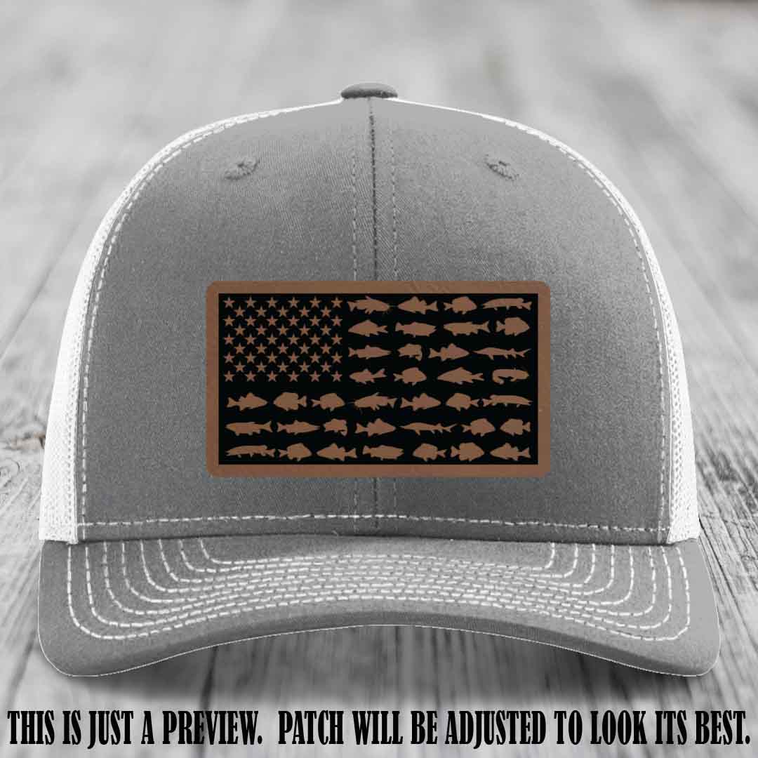 Stars & Stripes Angler 🇺🇸🐟 Dark Brown to Black Patch Leather Patch Richardson 112 Hat on Heather Grey to White Hat