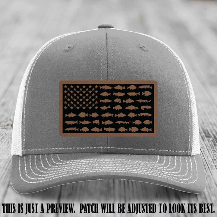 Stars & Stripes Angler 🇺🇸🐟 Dark Brown to Black Patch Leather Patch Richardson 112 Hat on Heather Grey to White Hat