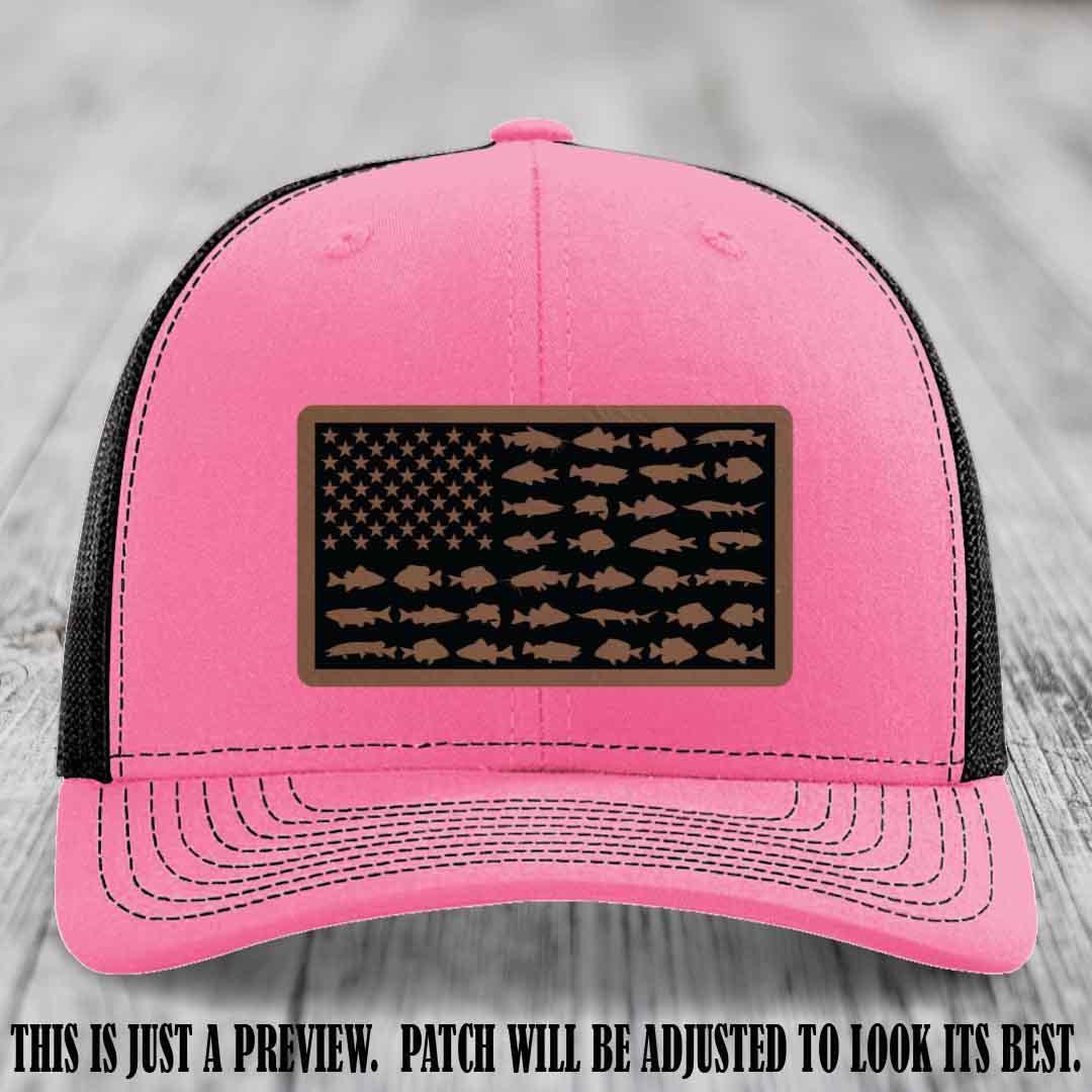 Stars & Stripes Angler 🇺🇸🐟 Dark Brown to Black Patch Leather Patch Richardson 112 Hat on Hot Pink to Black Hat