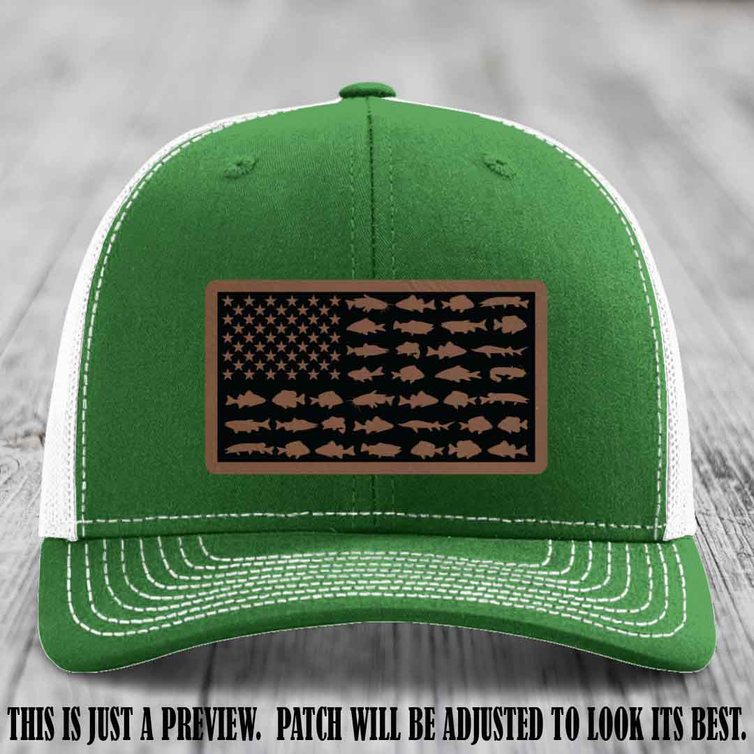 Stars & Stripes Angler 🇺🇸🐟 Dark Brown to Black Patch Leather Patch Richardson 112 Hat on Kelly to White Hat