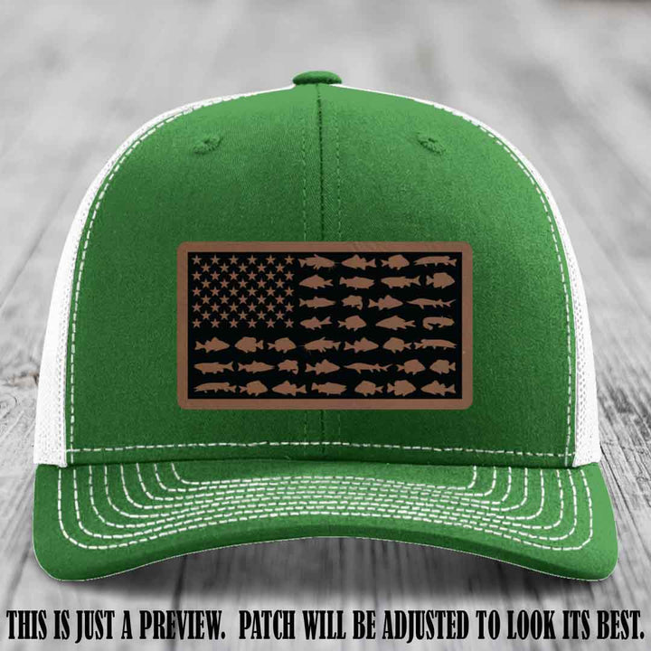 Stars & Stripes Angler 🇺🇸🐟 Dark Brown to Black Patch Leather Patch Richardson 112 Hat on Kelly to White Hat