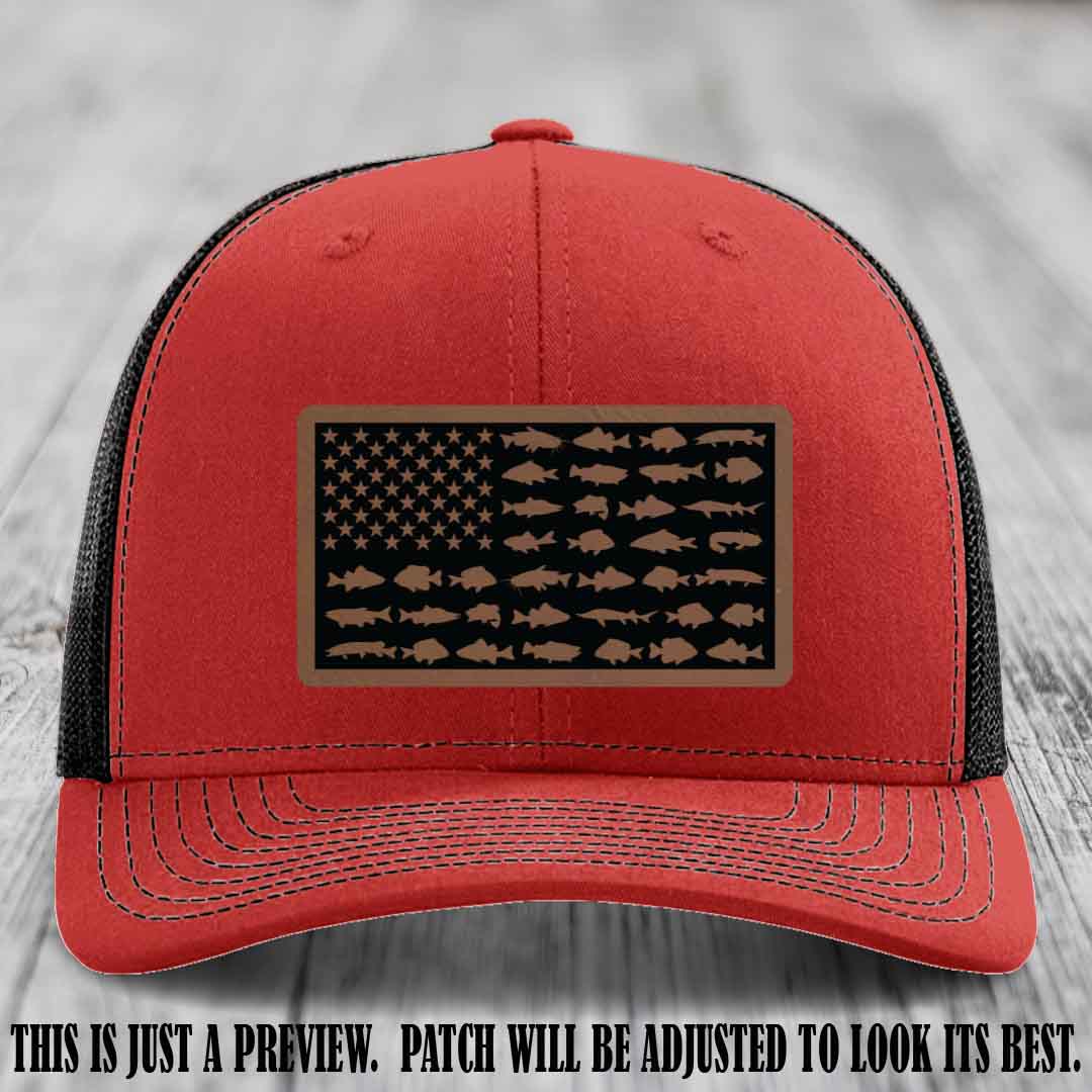 Stars & Stripes Angler 🇺🇸🐟 Dark Brown to Black Patch Leather Patch Richardson 112 Hat on Red to Black Hat