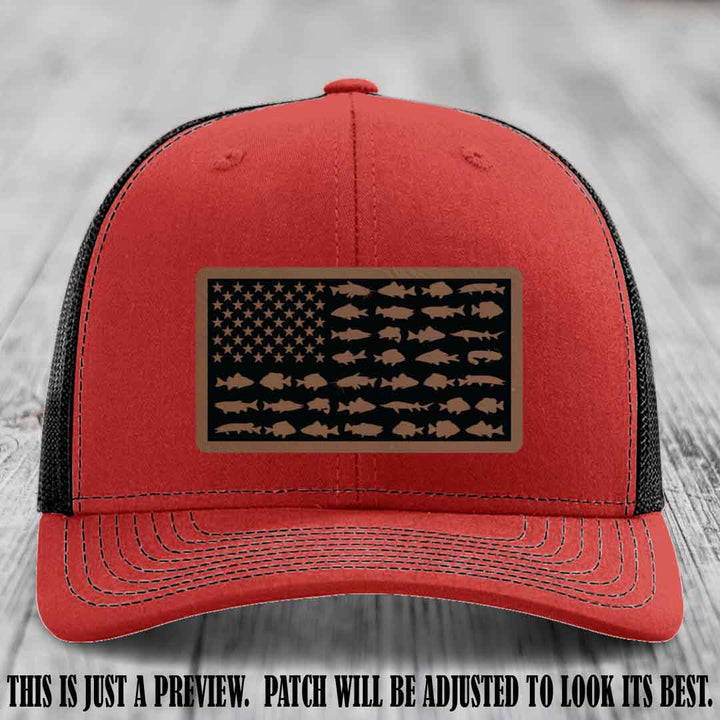 Stars & Stripes Angler 🇺🇸🐟 Dark Brown to Black Patch Leather Patch Richardson 112 Hat on Red to Black Hat