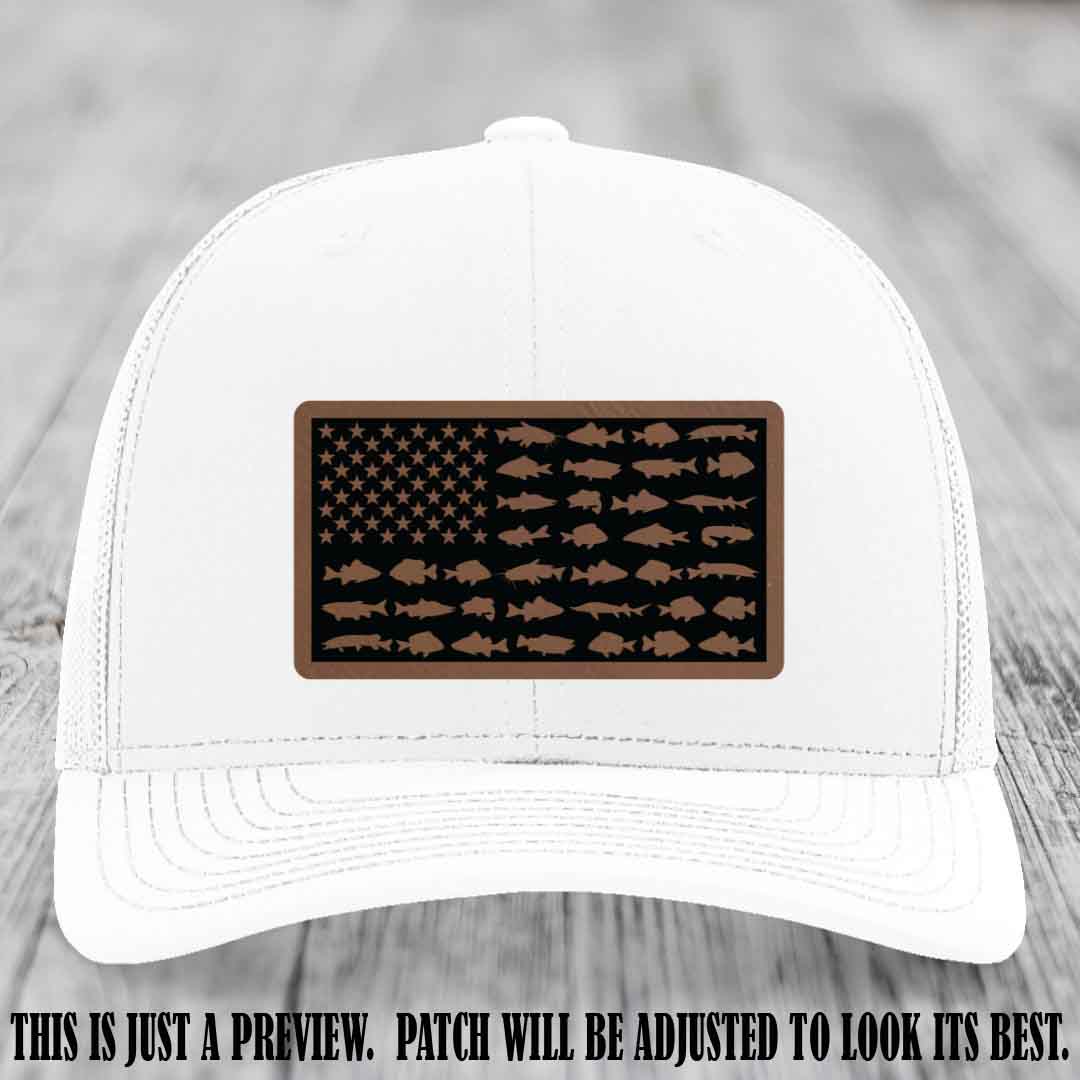 Stars & Stripes Angler 🇺🇸🐟 Dark Brown to Black Patch Leather Patch Richardson 112 Hat on White Hat